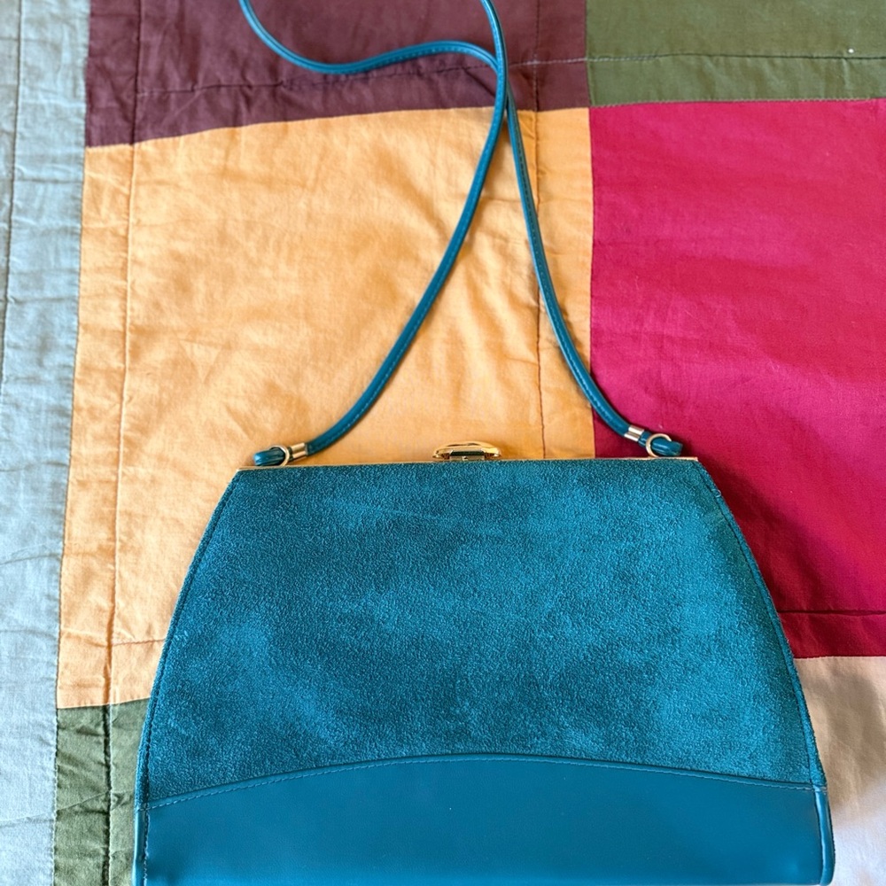 Teal Suede Crossbody Bag with Rounded Shape and Zipper Closure